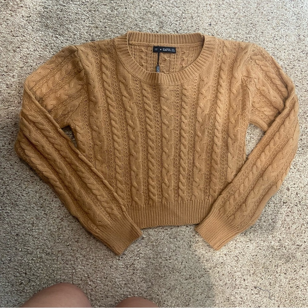 Zaful Tan Cable Knit Sweater Cropped